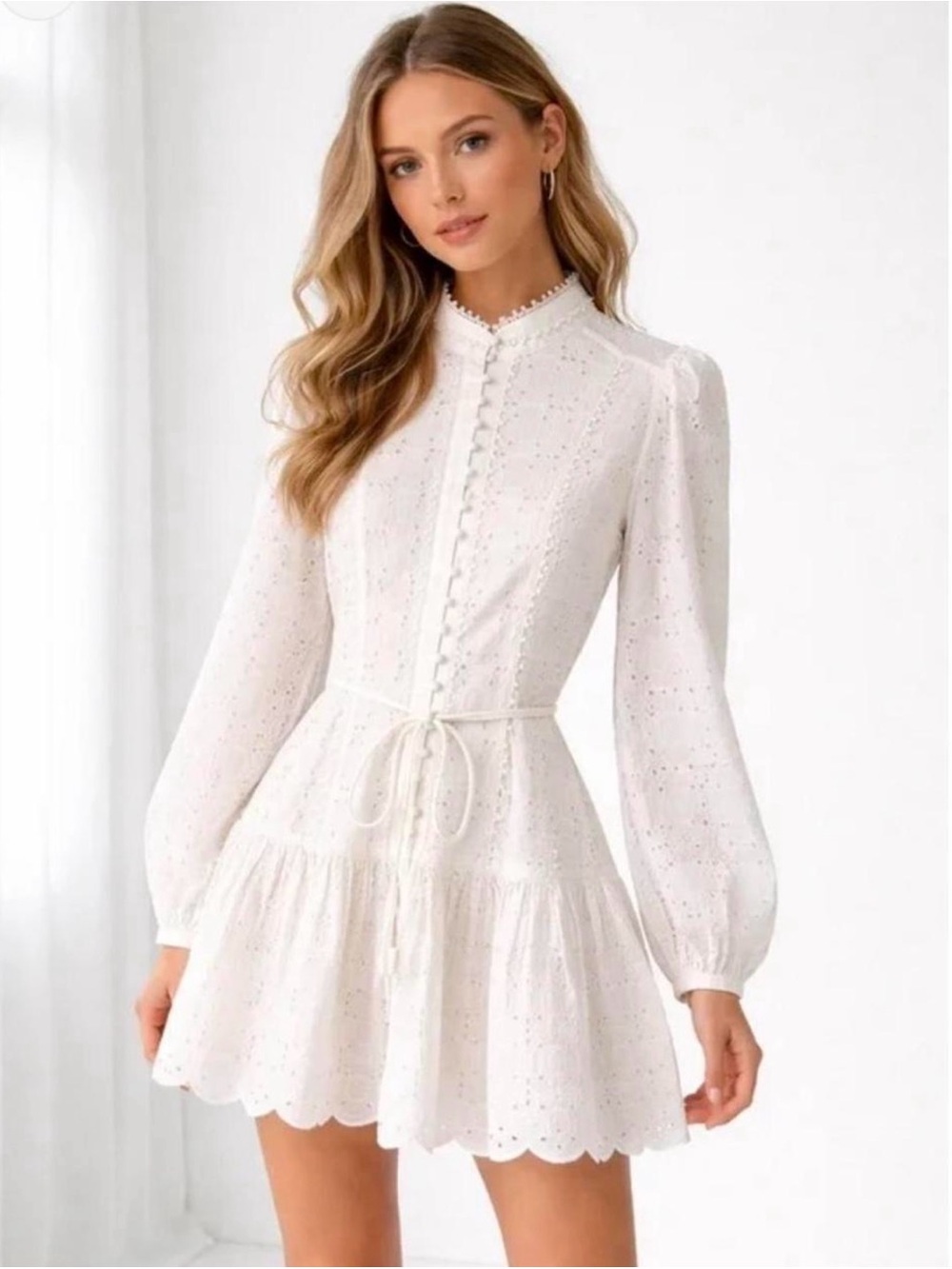 Antonio Melani Brynn Eyelet White Button Front Long Sleeve Tie Waist Dress